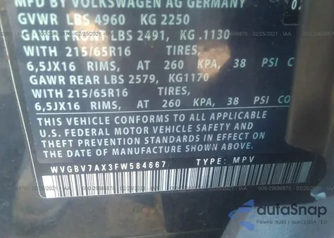 2015 Volkswagen Tiguan S from USA, damaged, VIN WVGBV7AX3FW584667